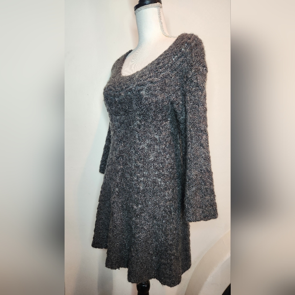 Free People Wool Chunky Cable Knit Gray Bell Sleeve Winter Mini Dress | Small - Picture 3 of 9